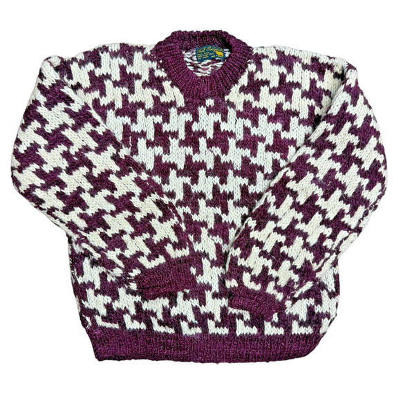 Chunky 100% Wool Knit Crew Neck Sweater VTG 80s Houndstooth Size Large Grandpa - Picture 1 of 7